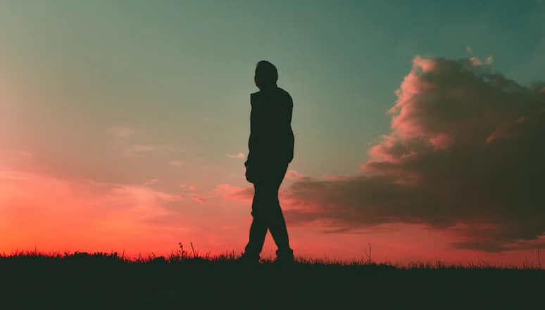 a silhouette of a man walking on the grass
